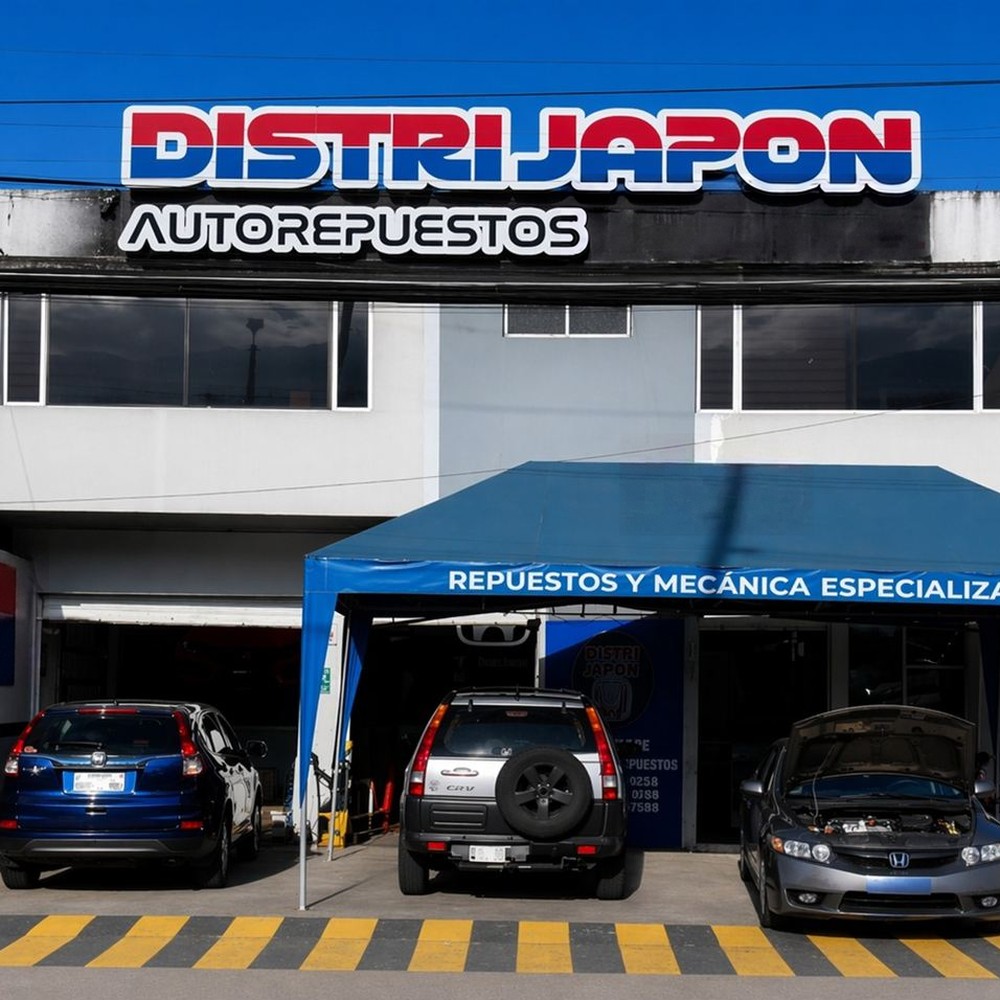 Fachada del local de Distrijapón en la Av. Galo Plaza Lasso, con tres Honda en el taller bajo la carpa